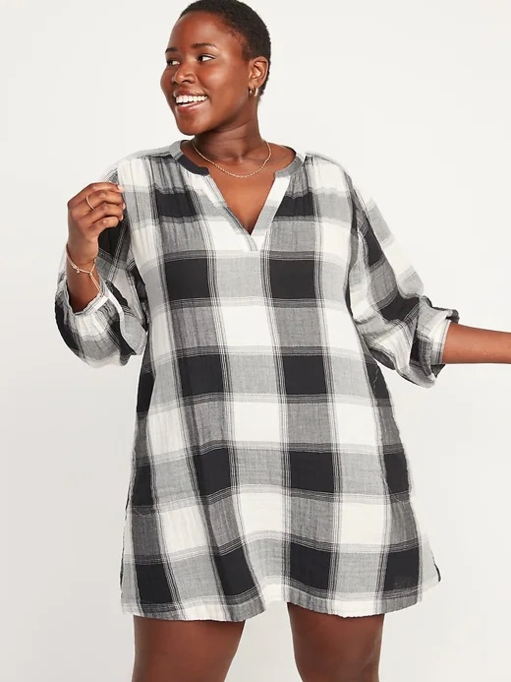 Old Navy Long Sleeve Plaid Mini Swing Dress Women XXL Black White Cottagecore